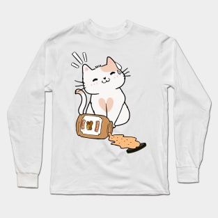 Cute White Cat spilled a jar of peanut butter Long Sleeve T-Shirt